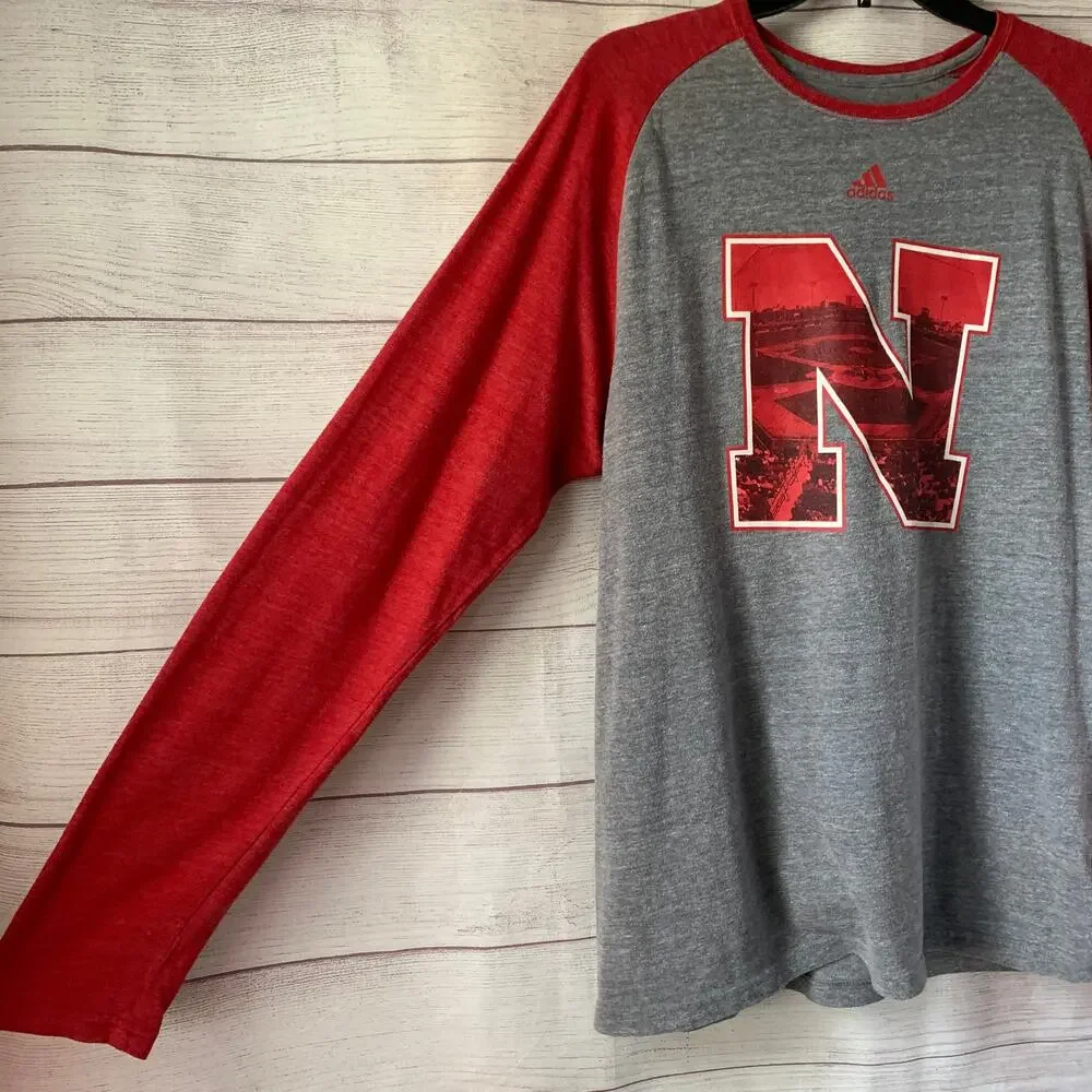Adidas Heathered Gray Red Nebraska Cornhusker BERM ZONE Baseball Raglan Shirt L